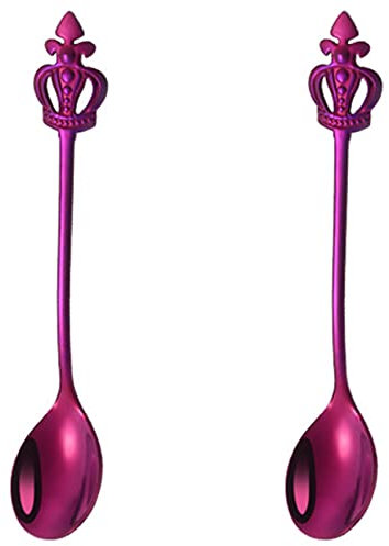 Ice Cream Spoons Set of 2 Stainless Steel Crown Spoons for Latte Coffee Hot Chocolate Hot Drinks 4.9 Pea Shape (Purple)