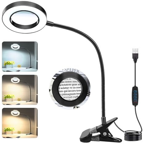 JUOIFIP 10X Magnifying Glass with Light and Stand, Magnifying Lamp Magnifiers with Clamp 3 Modes USB Light, Magnif.ying Glasses for Hobbies,Reading, Crafting,Sewing,Seniors,Craft Work