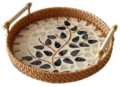 SLHEQING Rattan Serviertablett mit Griffen, Handgewebtes Küchentablett Deko Tablett Rund Aufbewahrungsplatten für Frühstück, Getränke, Snacks, Desserts, Brot, Kerze, Früchten