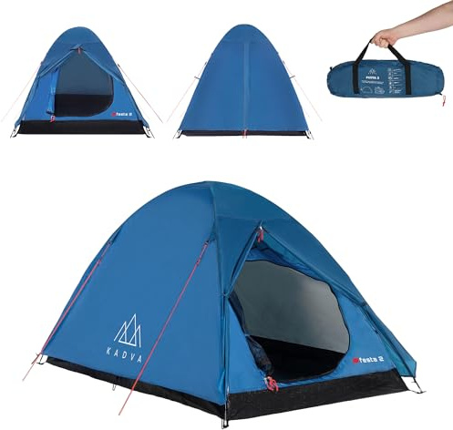 KADVA Campingtält Festa, 2 tält 200 x 120 x 105 cm för 2 personer med myggnät, vattentät, lätt och robust glasram, perfekt för camping och vandring (blå)