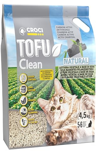 Croci Tofu Clean Katzenstreu, 10 l, Aktivkohle, klumpend, geruchshemmend, mit Aktivkohle, biologisch abbaubar, 100% pflanzlich, langanhaltender Sand
