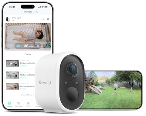 Sense-U Battery Baby Monitor Smart Security Camera, Indoor/Outdoor Use, AI Breathing Detection, 1080p Video Monitor, Weatherproof Wireless Camera, 2-Way Audio, No Monthly Fee