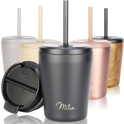 Milu Thermobecher 300ml - 100% Auslaufsicher - Edelstahl Kaffeebecher to go isoliert mit Strohhalm hält 10h heiß / 20h kalt, BPA-frei (Schwarz, 300ml)