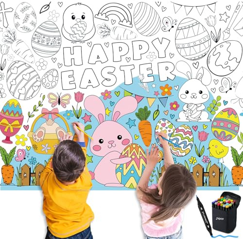 Ausmaltischdecke Kinder, 110x80 cm DIY Papier Tischdecke Ausmalen Ostern mit Schnell Trocknende Alkohol Marker 24 Farben, Motiv Kaninchen Ei Karotte, Spiele und Aktivitäten für Kinder, Mal Mich Bunt