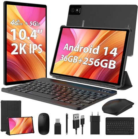 WOREGOO 2K Tablet 10.4 Pollici Android 14, 4G LTE+5G WiFi, 36GB RAM+256GB ROM(TF 1TB), Octa-Core 2.0Ghz, 2000 * 1200/Face ID/8000mAh/OTG/8MP+13MP/BT5.0/GPS/GMS, Tablet con Tastiera e Mouse, Nero