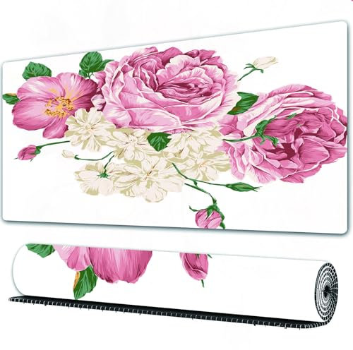 FEHWI Gaming Mouse Pad Extra Large Keyboard Mouse Mat Desk Pad Soft Smooth Surface and Anti-Slip Rubber,Pink bouquet of watercolor flowers roses hydrangeas chrysanthemum lily and eucalyptu,16x35.5 in