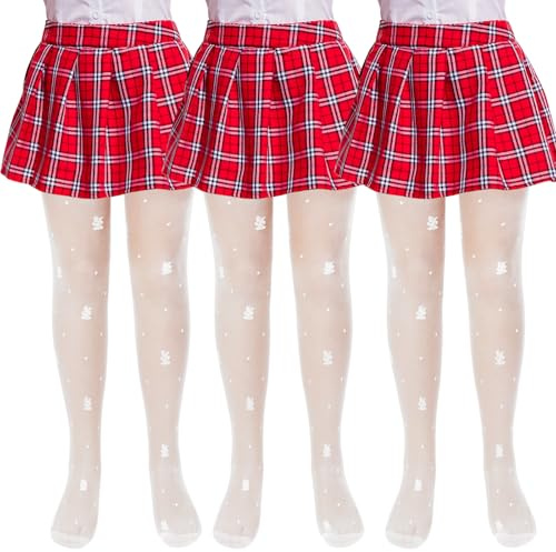 ouhos 3 Pairs Girls White Ballet Tights, Strong Soft Dancing Sports Back to School Uniform Tights For Kids Children 5-13 Years