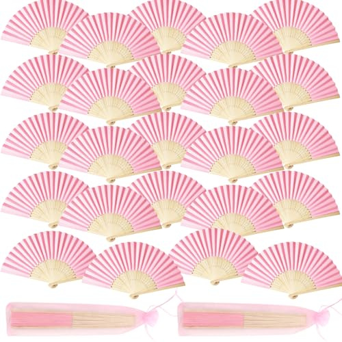 Handfächer Faltbarer Papierfächer Handfächer für Frauen – 24 Stück Rosa Bambus Papier Handfächer mit Organza-Beuteln, DIY Blank Faltfächer für Hochzeit, Teeparty, Kirche, Cosplay, Dekorationen
