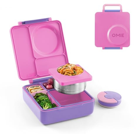 Omie Bento Box for Children – Insulated with Leak-Proof Food Jar – 3 Compartments, Two Temperature Zones | Pink Unicorn