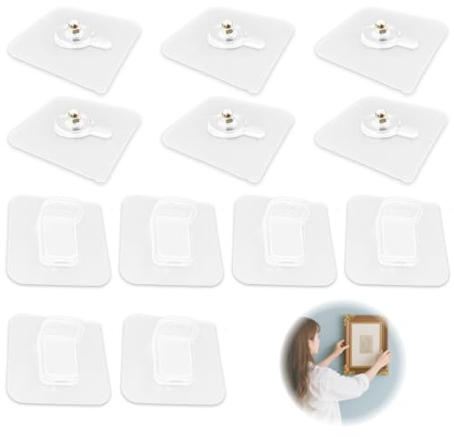 12er Set Selbstklebende Bilderhaken mit Träger Grundplatte, Transparente Klebehaken für Bildaufhängung ohne Bohren, Ideal für Fotos, Rahmen und Dekorationen, Belastbar bis 20kg, Wasserdicht und Feucht