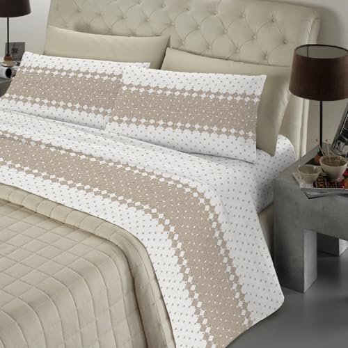 Banzaii - Completo Lenzuola, Francese 100% Cotone Made in Italy, con Angolo h 30 cm, Roxana Beige