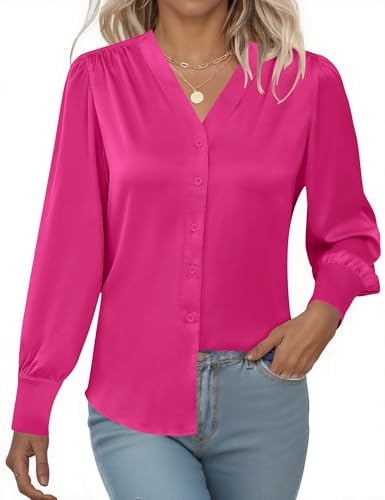 Rapbin Camisa de satén para mujer, cuello en V, manga larga, para mujer, de seda, con botones, informal, para oficina, negocios