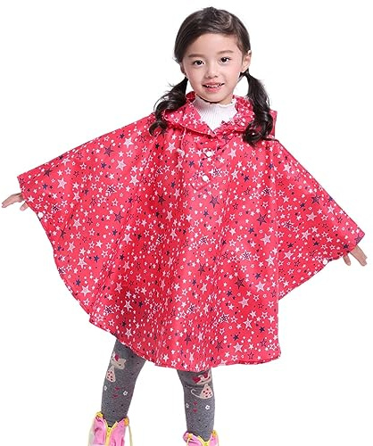 Générique Imperméable pour Jeunes Filles Pluie Veste Enfant Mode Poncho à Capuche léger pour activités extérieures et Jeux sous la Pluie avec Motifs animés Amusants (Red, 6-8 Years)
