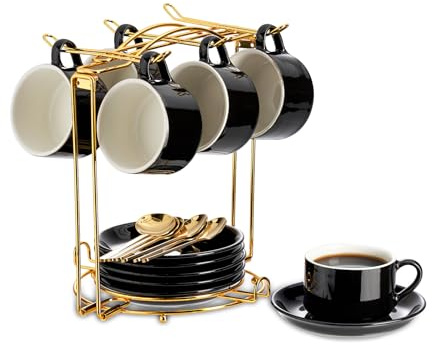 YOLIFE Espresso Cups with Saucers Set and Gold Metal Stand, 2.5oz Expresso Shots Cup with Stand & Saucers, Ceramic Coffee Espresso Cups Set of 6, Black