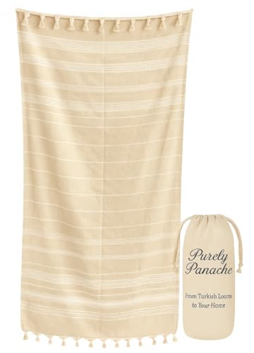 Purely Panache Oversized 100% Turkish Cotton Hammam Peshtemal 100x180cm – Quick Dry, Lightweight Bath, Spa & Travel Towel – Prewashed Thin Turkish Blanket with Carry Bag (Beige - White Stripe)