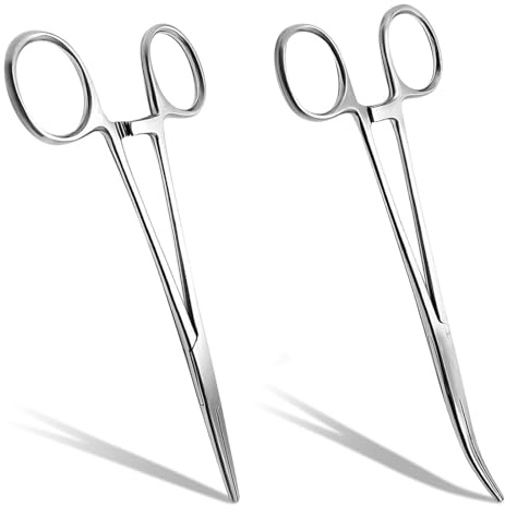 Henyall 2PCS Fishing Pliers,Self-Locking Hemostat Forceps,Fishing Forceps,Straight & Curved Stainless Steel Tweezers for Dog Ear Hair Grooming,Piercing,Fishing Hook Remover,Suturing,DIY Craft（12.5cm）