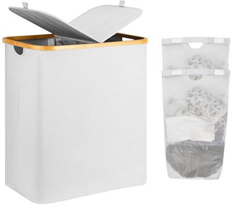 AdelDream 140L Wäschekorb mit Deckel, 2 Fächer Wäschesammler, Bambusrahmen | Wäschesortierer 2 x 70L, abnehmbarer Sack, atmungsaktiv, Hellgrau