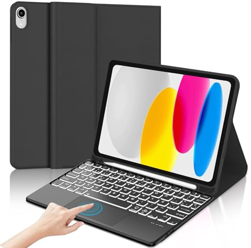 Teclado para iPad A16 11 Generación 2025/10 Generación 2022 con Touchpad | Funda Keyboard Trackpad Retroiluminado de 7 Colores Bluetooth Magnéticamente, Español Ñ, Desmontable con portalápices, Negro