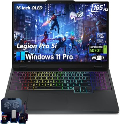 Lenovo Legion Pro 5i Gen 10 Gaming Laptop 2025 - Intel Ultra 9 275HX, NVIDIA RTX 5070Ti (12 GB GDDR7), pantalla OLED WQXGA de 16 pulgadas de 165 Hz, retroiluminación RGB, Wi-Fi 7, Win 11 Pro, con