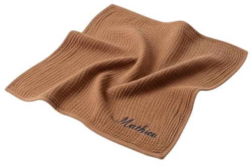 Couverture en mousseline - 100% double gaze de coton 4 épaisseurs - marron - 1m x 1 m - Broderie avec le nom du bébé, fille/garçon - idéal pour cadeaux, naissances, baptêmes, Noël