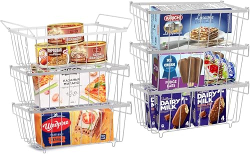 6 Pack Chest Freezer Baskets, Stackable Freezer Organiser with Handle, Chest Freezer Organiser Bins, Metal Wire Organizers, Freezer Storage Boxes, Easy Get Food Sort Food Air Circulation for Kitchen