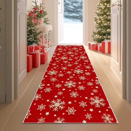 Weihnachten Schneeflocke Winter Läufer Flur Teppich 60x300cm Stern Weihnachtsdeko Rot Küchenläufer Waschbar Schmutzabweisend Saugfähig Läufer Küchenteppich Flurläufer für Küche Innen Wohnraum