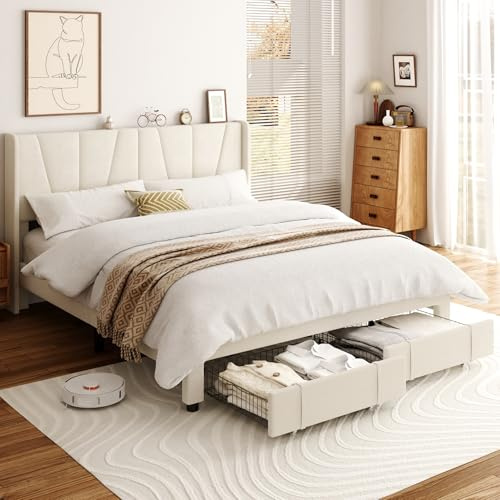 viplov Bett mit Stauraum 180 x 200,Doppelbett, Bettrahmen, Polsterbett mit Stauraum und Lattenrost, unktionsbett Bettgestell,Samt,beige