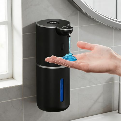 Fantictas Seifenspender Automatisch, Elektrischer Seifenspender mit Display, USB-Wiederaufladbarer,6-Stufig Einstellbar, 380ml Wandmontage für Badezimmer/Küche/Geschirrspülmittel, Schwarz