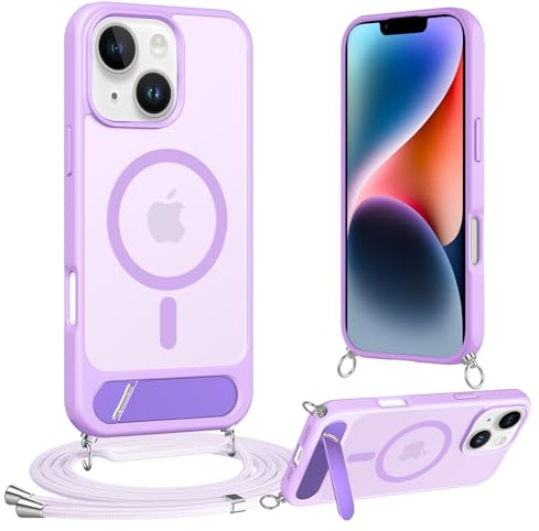Jrkvniv Cover Magnetica per iPhone 14/iPhone 13 con Cordino [Supporto integrato] Custodia con Laccio Tracolla Regolabile Collana, Protezione Antiurto di Livello Militare Case Traslucida Opaca, Viola