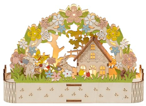 EUROtops LED-Osterbogen Hasenhaus im Blütenkranz, Filigrane Frühlingsdeko | 5 sanfte LEDs, Osterdeko aus Holz für Fensterbank, Tisch und Regal, batteriebetrieben, Holzkunst mit Blumenkranz