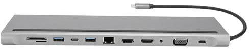 Yanmis Estación de Acoplamiento 12 en 1 Tipo C a Dual con USB3.0, VGA, PD, RJ45, Salida de de 3,5 Mm, Ranuras para Tarjetas de Memoria, Puerto Ethernet de 100 M, para Conexión de Red por Cable