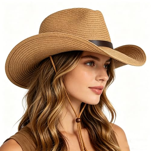 XINGYAOGJ Western Straw Cowboy Cowgirl Hat for Men Women Wide Brim Straw Sun Hat with Chin Strap Packable UV Protection Straw Panama Fedora Hats Foldable Summer Beach Sun Jazz Cap Fishing Cap