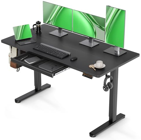 Claiks Standing Desk with Drawer, 140x60cm Electric Height Adjustable Desk with 3 Memory Presets, Ergonomic Home Office Desk with Storage & Cable Management, Black