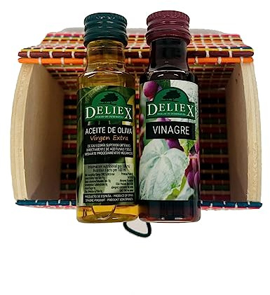 Detalle para eventos. Regale este pack de Aceite de oliva y Vinagre en miniaturas con baúl multicolor de madera (Pack 24 ud)