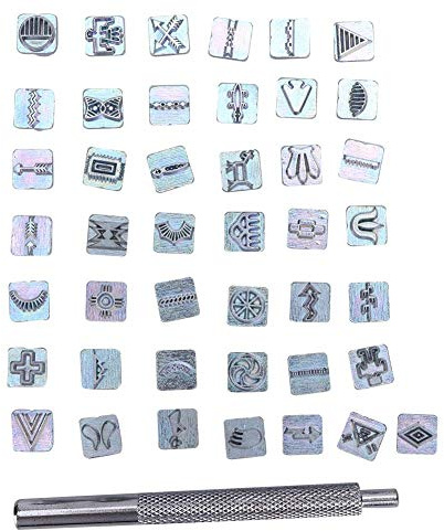 42Pcs Stamps Set Zink Verschiedene Symbole Modell Lederhandwerk Zubehör mit 1Pc Griff Werkzeug