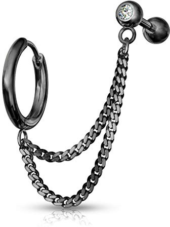 beyoutifulthings 1 Knorpel Ohr-stecker Zirkonia Klick-Creole Doppel-Kette Cartilage Labret Piercing-s Tragus viele Farben Edelstahl Schraub-Verschluss