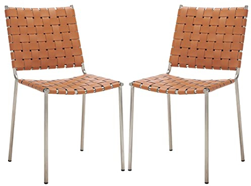 Safavieh Home Collection Wesson Woven Natural Leather/Silver Dining Chair (Set of 2)- Fully Assembled