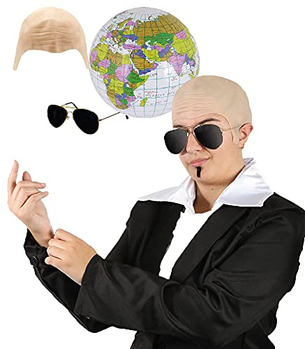 Mr Worldwide Zubehör-Set für Erwachsene, nackte Glatze, schwarze Sonnenbrille, aufblasbarer Globus, schwarzer Seelen-Aufnäher, Musik-Ikone, berühmte Prominente, Kostümzubehör-Set