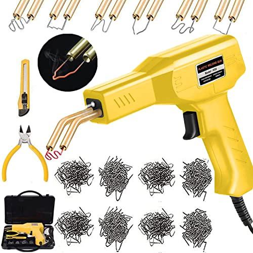 Plastic Welding Machine Car Bumper Repair Kit,Hot Stapler Plastic Repair Welder Soldering Kit,6Types 800 Staples,Hot Staple Gun Plastic Welder&Flat/Outside Corner/Inside Corner/Wave Staples