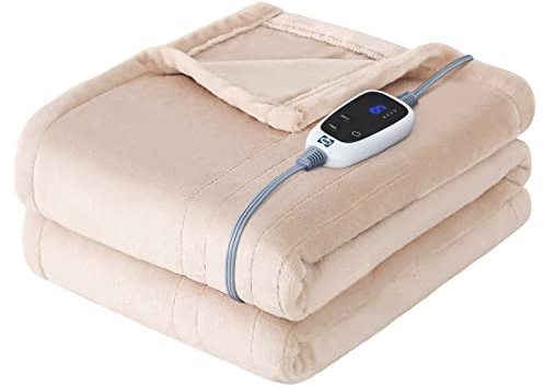 Sealy Electric Blanket Heated Throw, Soft Flannel Heated Blanket with 6 Heating Settings & 2-10 Hours Auto Shut Off, Fast Heating & Machine Washable, 50x60 Inch, Beige
