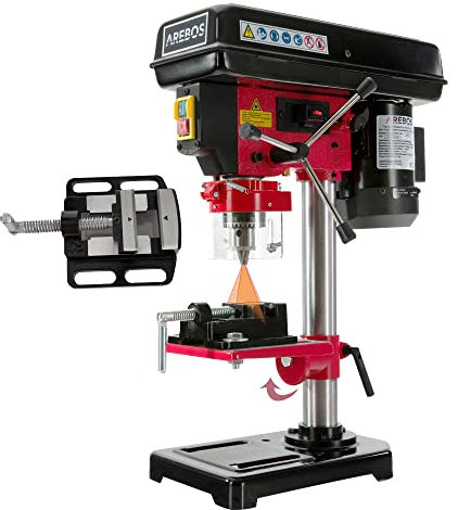 Arebos Bench Drill | Column with Integrated Positioning Laser | 500 W | 13 mm Chuck and vice Included | 5 Speed Settings | 0–45° tilt Angle