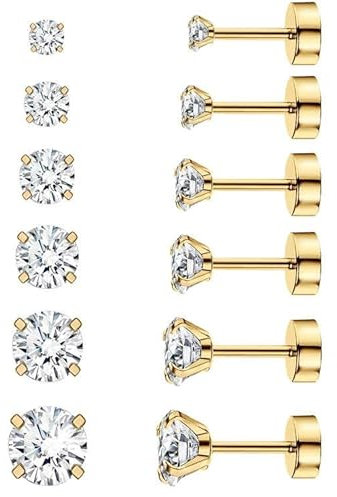 Thokono 6 Paar Ohrringe Ohrstecker Set Edelstahl Hypoallergene Sparkling CZ Diamant Ohrstecker Zirkonia Ohrstecker Ohrring Stecker für Damen Herren Mädchen Männer Golden 3mm-8mm