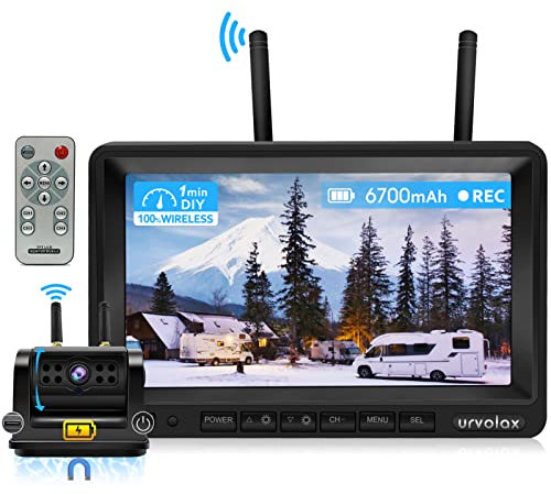 URVOLAX 100% Rückfahrkamera Kabellos, 6700mAh Wiederaufladbare Batterie Magnetische Rückfahrkamera Funk, DIY Installation, 7 Zoll FHD Monitor Videoaufzeichnung für LKW Wohnwagen Wohnmobil Auto 65X