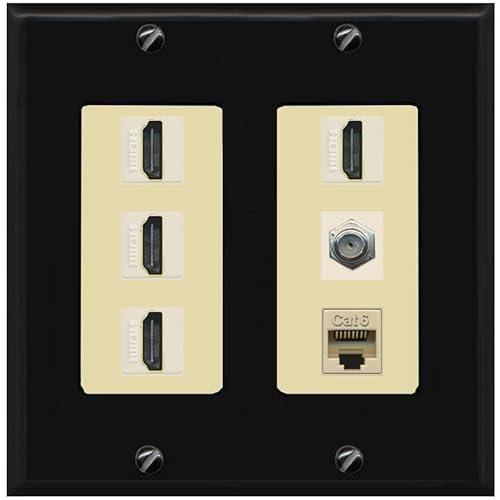 RiteAV Cavo coassiale HDMI a 4 porte - Piastra da parete Ethernet tipo F 1 Cat6 - 2 bande [nero/avorio]