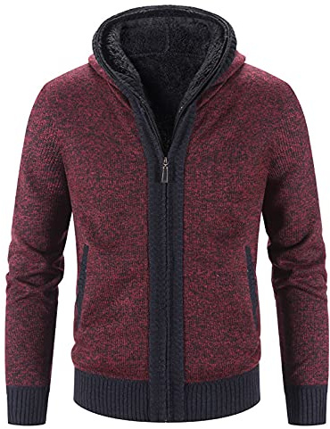 Cardigan da uomo lavorato a maglia grossa, tinta unita, foderato in pile, giacca in lana, cardigan unisex fatto a mano, caldo autunno e inverno risvolto maglione cappotto, Rosso, L