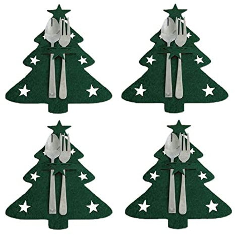 TOBILE Décorations de Noël - Lot de 4 porte-couteaux et fourchettes pour sapin de Noël - Sac à couverts en tissu non tissé - Décoration de table - Sapin de Noël vert