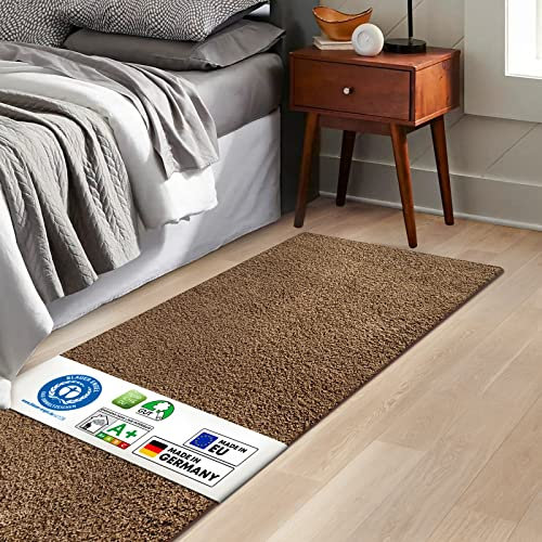 KARAT Bettvorleger Barcelona - Shaggy Bettumrandung - Teppich Läufer für Schlafzimmer Wohnzimmer - Flauschiger Teppichläufer (80 x 120 cm, Hellbraun)
