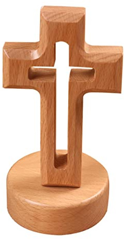Holzkreuz – 12 c kleines Kreuz aus Buchenholz mit Sockel, stehend, Jesus Christus, katholisches Wandkreuz für Heimdekoration, Weihnachtsfeier