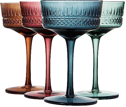 Art Deco farbiges Kristall-Coupe-Glas,Set von 4,Große 272 ml Stielgläser gedeckte Vintage-Gläser für Champagner, Cocktail, Margarita, Weinglas, Pastell, einzigartiger Speakeasy-Stil Kelch