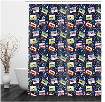 Whoiy Duschvorhang Lang, Duschvorhang Eckbadewanne 150X180cm Polyester Bath Curtains Audiokassette Musiknote Herzsterne Bunt für Badezimmer